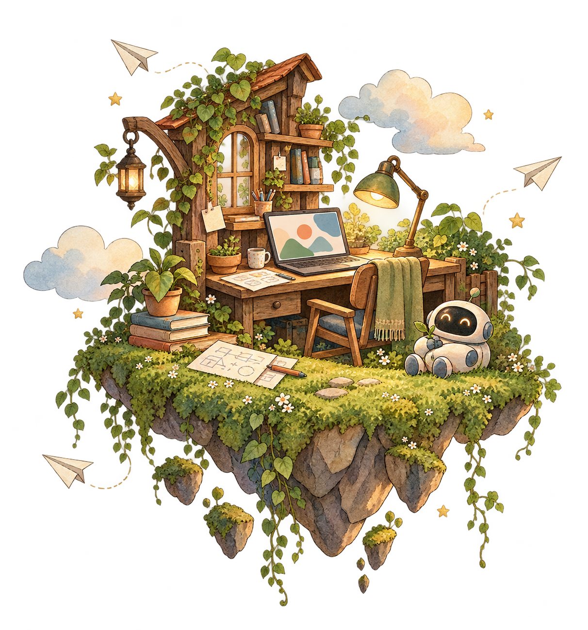 Illustrated workspace on a floating island with a laptop, plants, and a small robot